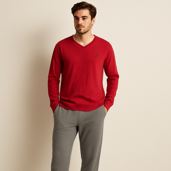 Nautica Other - Nautica Mens Red Long Sleeve V‎ Neck T-Shirt Top Soft Stretch Large